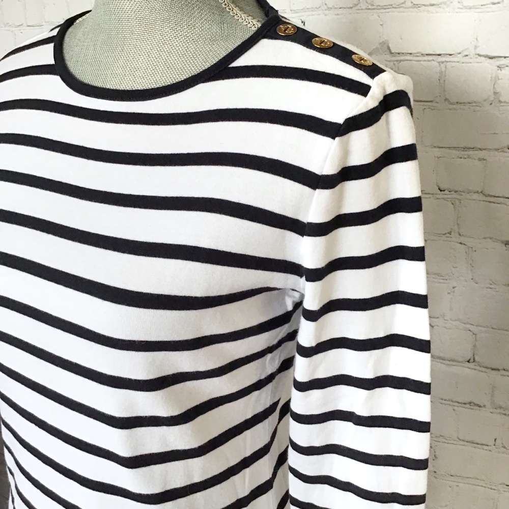 LAUREN RALPH LAUREN Nautical Striped Cotton Long Sleeve Top Button Shoulder - Picture 5 of 12